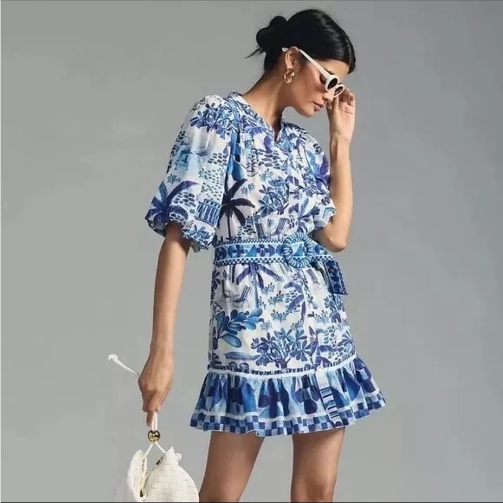 Farm Rio Anthropologie Sweet Rio Mini Dress Size Medium NEW Blue White